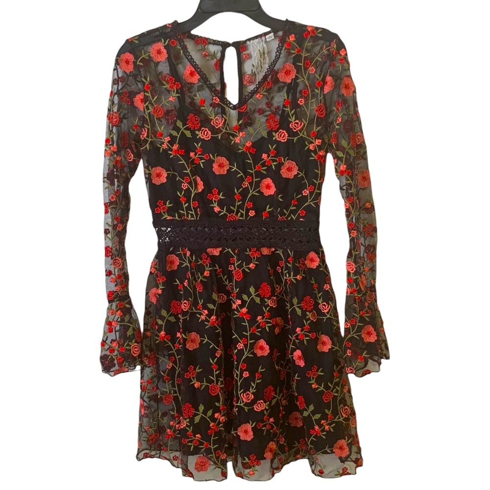 Ultra Pink | Small | Women's Black Sheer Floral Embroidered V Neck Dress